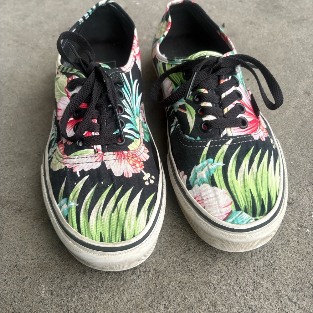 Tropical Floral vans Canvas Sneakers - Black Base with Green & Pink Print